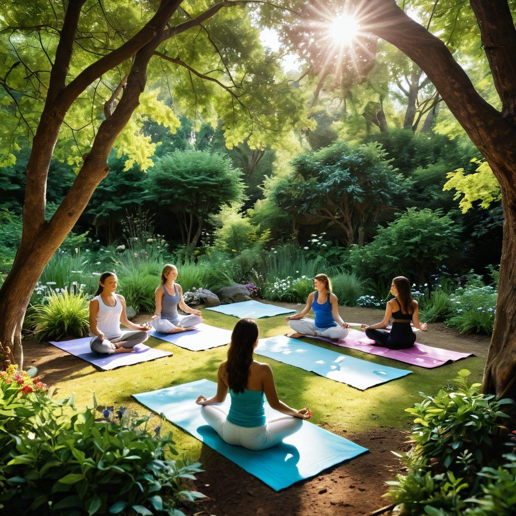 A serene scene depicting a diverse group of people engaging in various holistic healing practices, such as yoga, meditation, and nature walks, amidst a tranquil garden with lush greenery and blooming flowers. Incorporate symbols of wellness like crystals and herbal remedies while showcasing an uplifting atmosphere of support and community. The sunlight gently filters through the trees, creating a warm and inviting ambiance. vibrant colors. super-realistic.