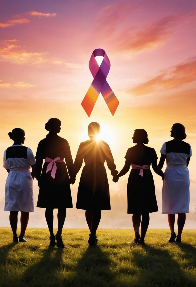 A radiant sunrise symbolizing hope, with silhouettes of diverse cancer survivors standing together, each holding a colorful ribbon representing various cancer awareness. The background features a supportive community with an open field and soft-focus images of healthcare professionals providing assistance. Warm and uplifting colors to evoke feelings of strength and resilience. super-realistic. vibrant colors. soft-focus.