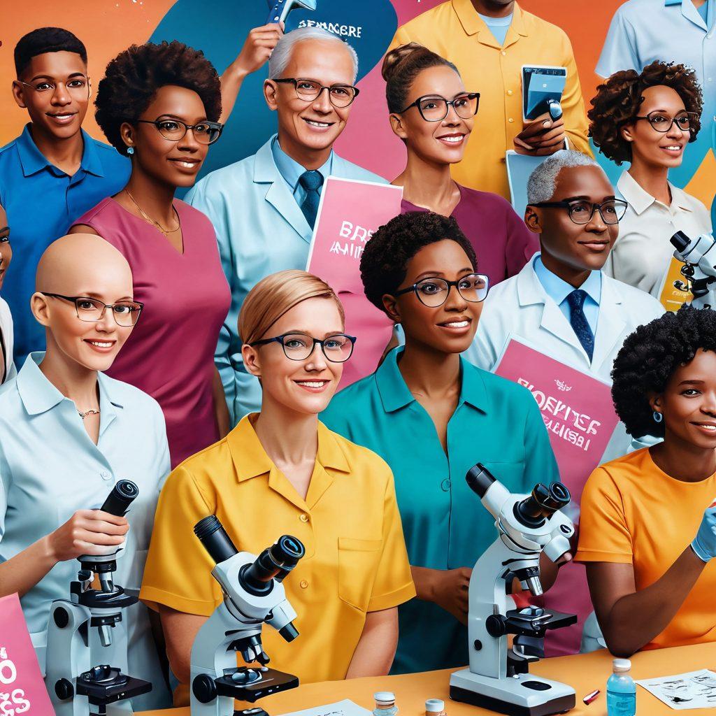 A vibrant community gathering with diverse individuals holding signs promoting cancer awareness and research, seamlessly blending elements of science like microscopes and DNA strands in the background. Incorporate a warm color palette symbolizing hope, and show a sense of collaboration and empowerment among the attendees. The atmosphere should feel uplifting and transformative. super-realistic. vibrant colors. 3D.